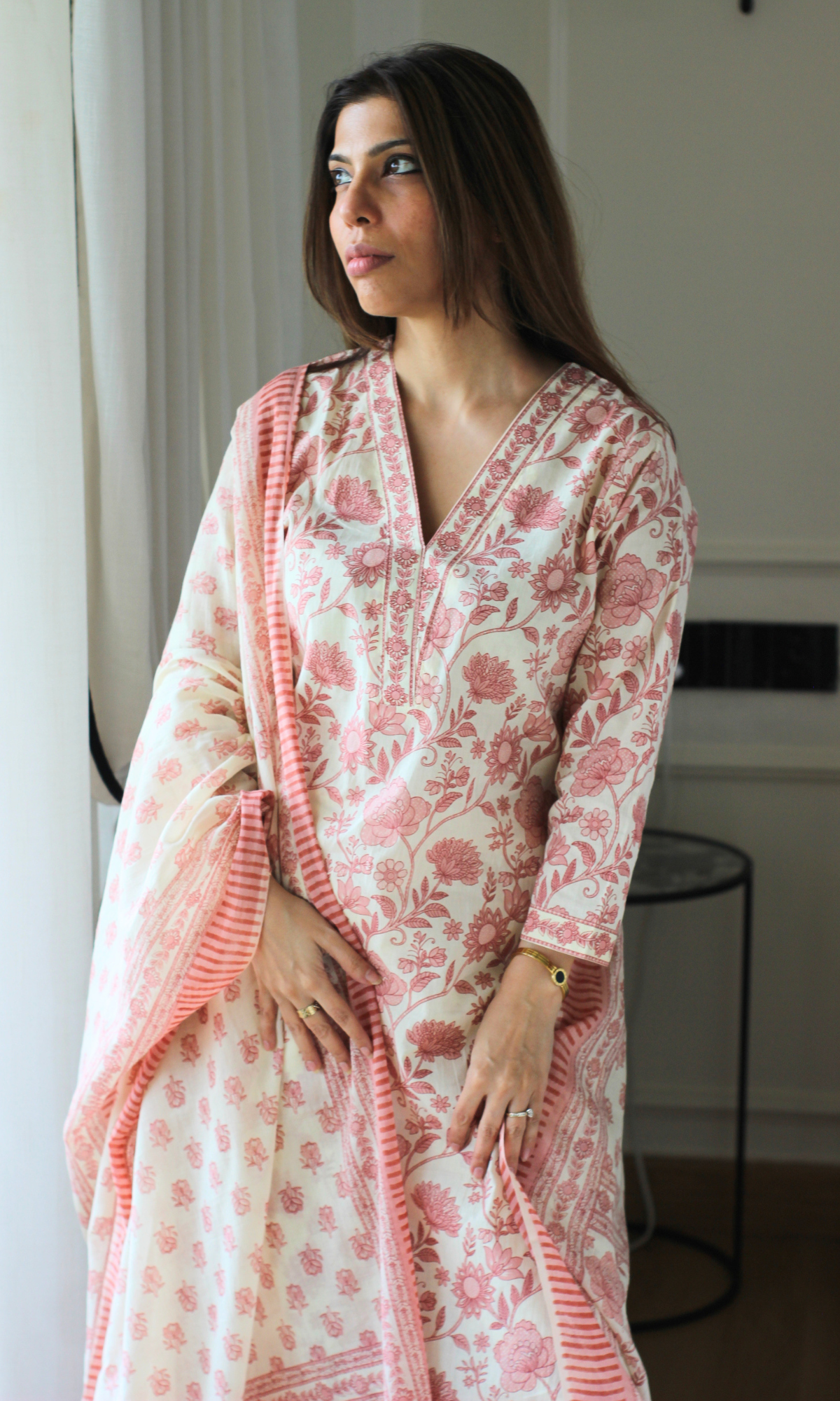 Apricot Garden Block Print Cotton Kurta, Pant and Mul Printed Dupatta