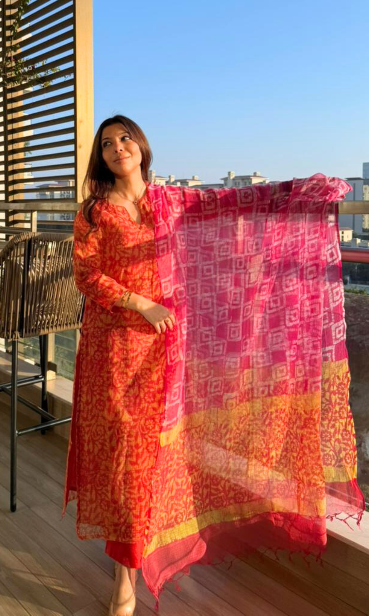 Kota Doria Carrot Red & Yellow Batik Print Kurta, Kota Dupatta & Cotton Pants
