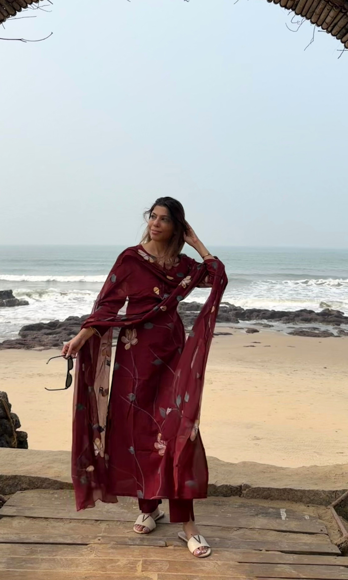 Maroon Zohra Handbrush Painted Kurta, Cotton Pants & Chiffon Handpainted Dupatta