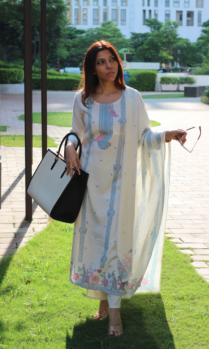 Linen Blend Off White Woven Kurta , Dupatta & Linen Blend Pants