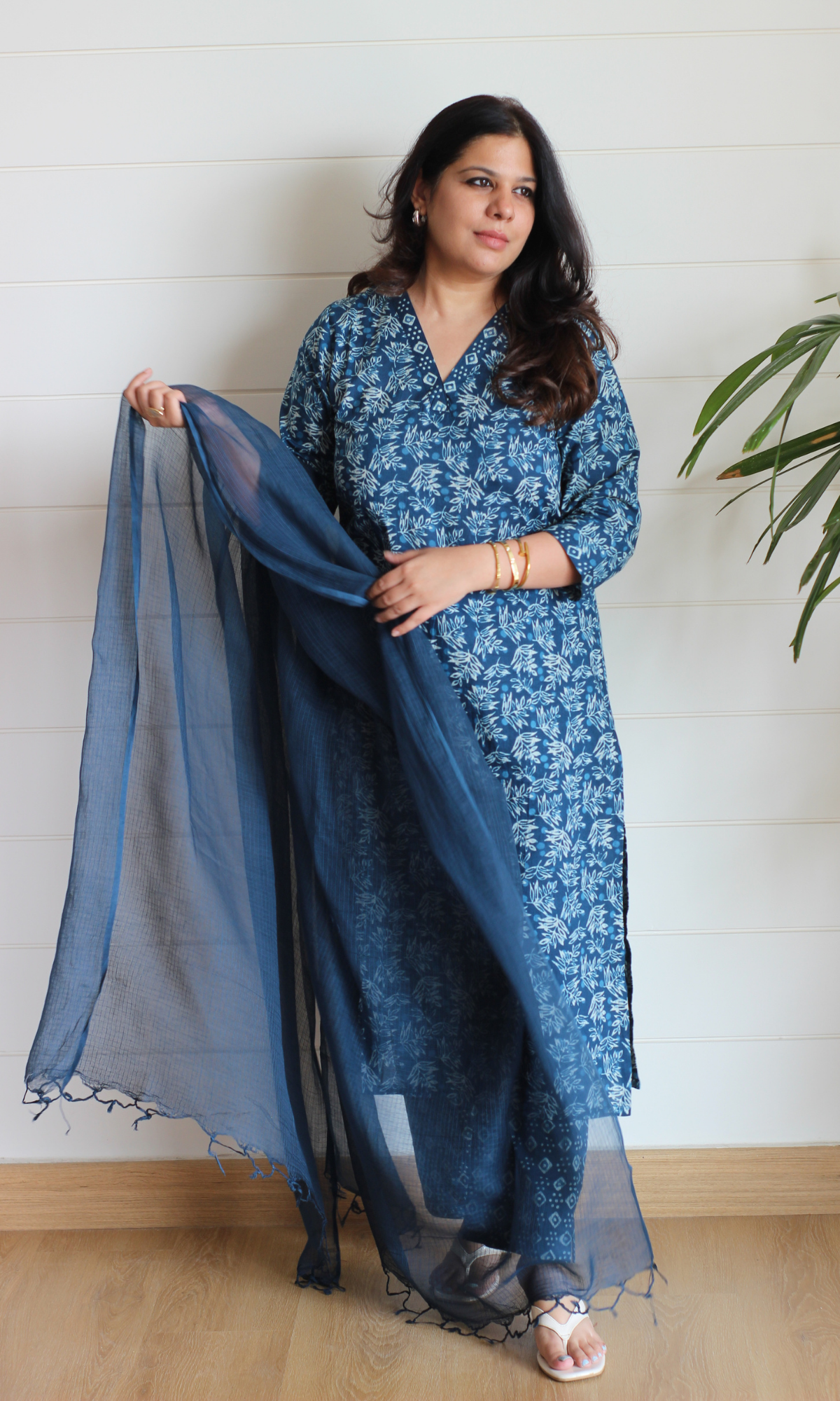 Indigo Block Print Cotton Kurta, Pant & Kota Doria Dupatta