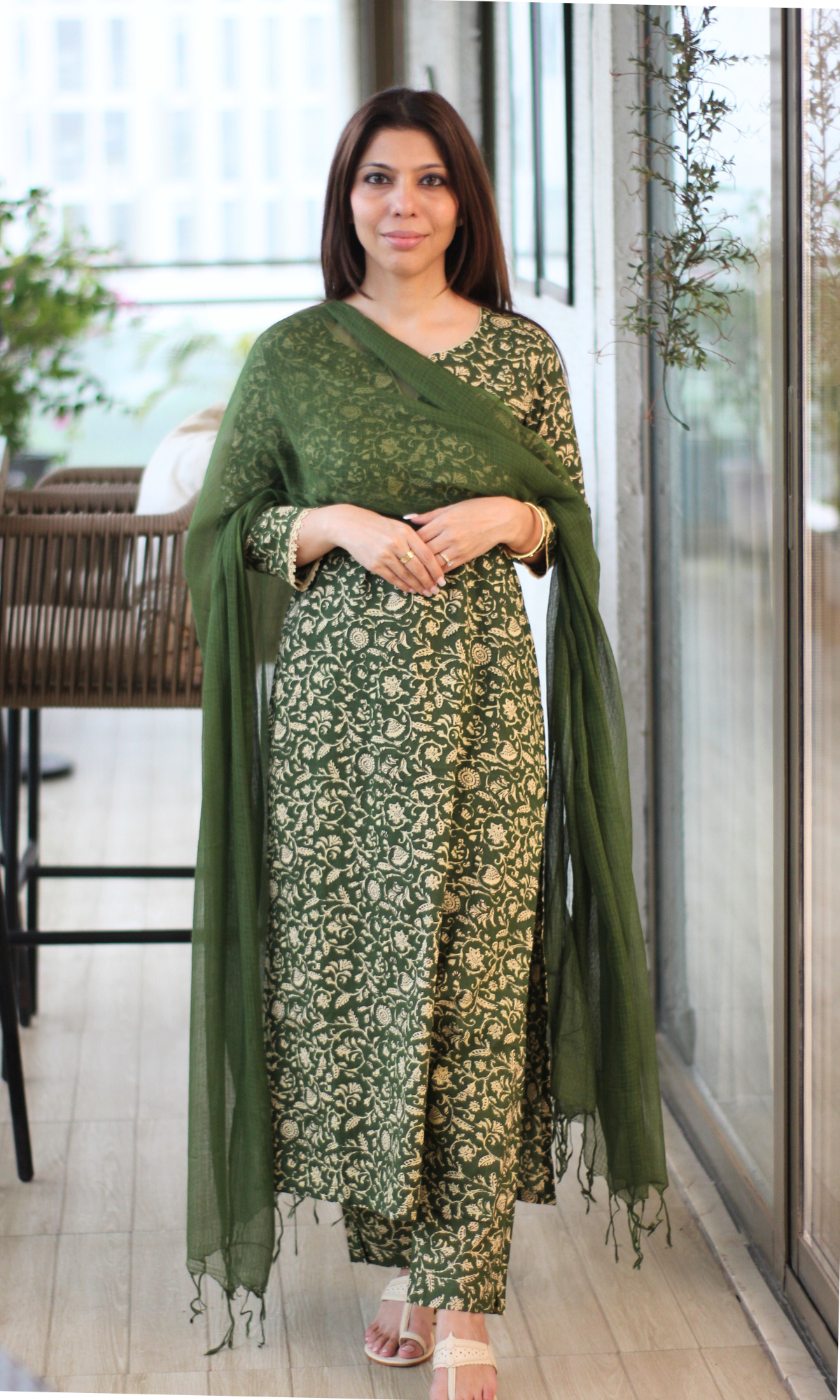Deep Green Baagh Printed Cotton Kurta, Pant & Kota Doria Dupatta