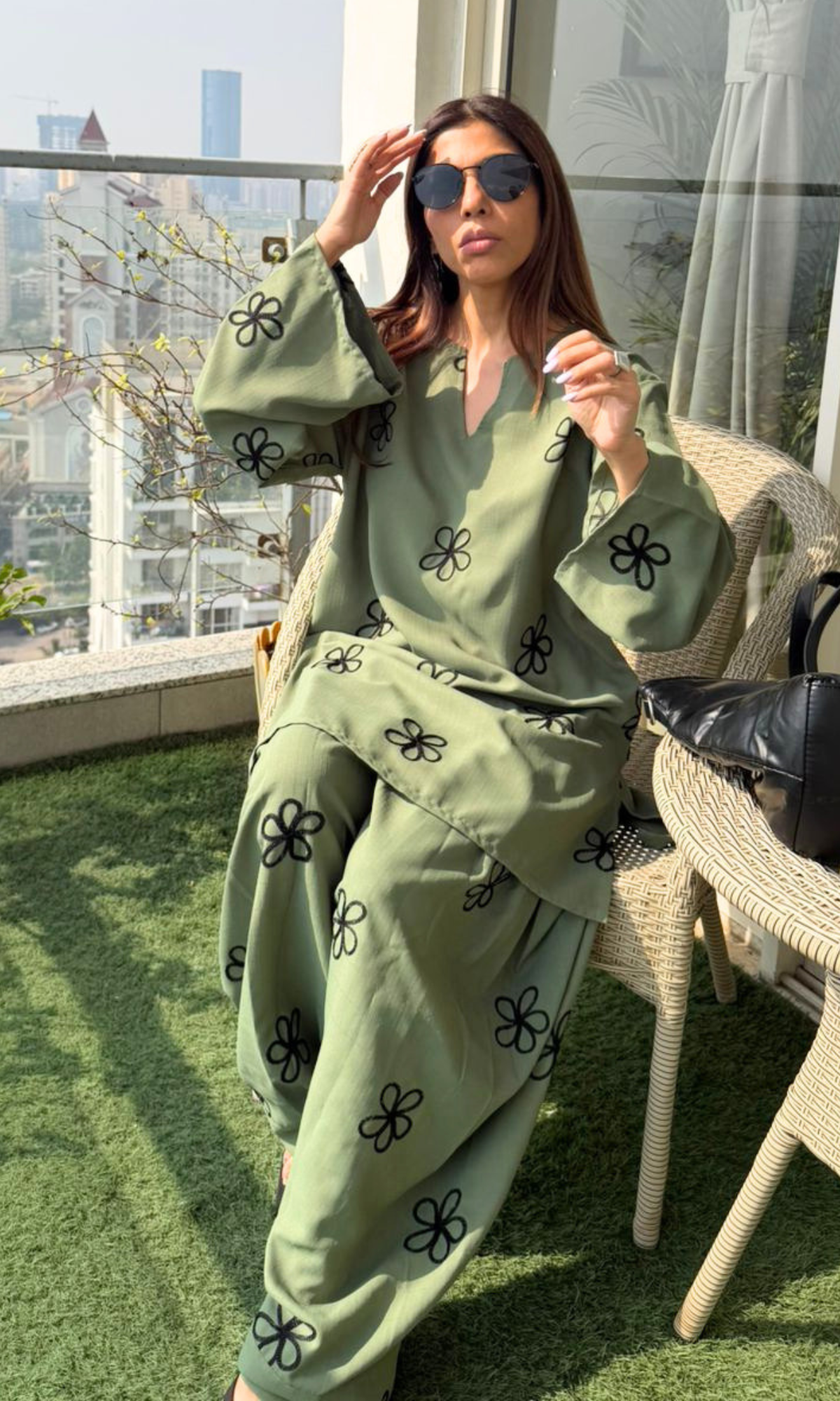 Dusty Sage Flower Embroidered Farshi Co-ord