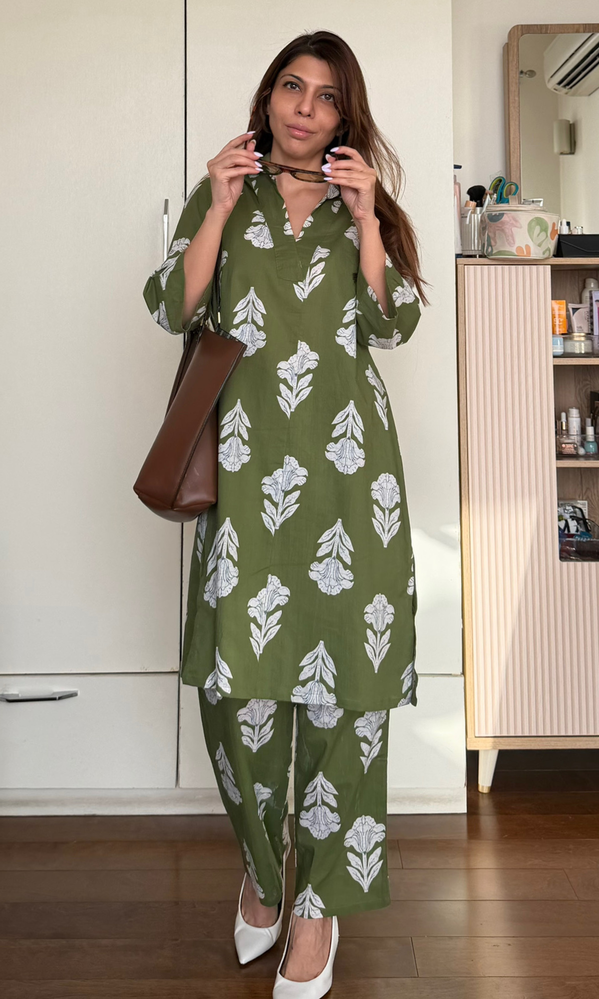 Cotton Green Olive Floral Collared  Co-ord