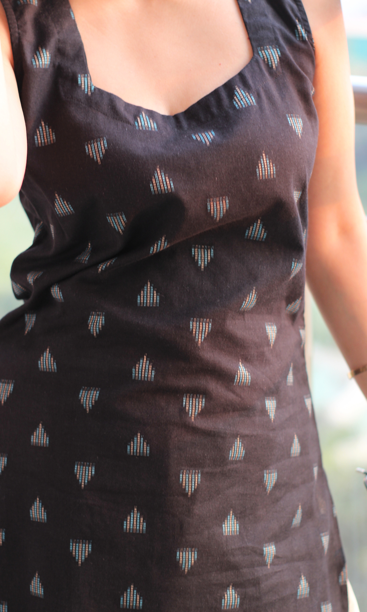 Black Square Neck Ikat Kurta with Cotton Farshi