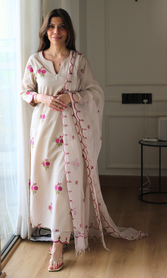 Saira Fascia Handblock Print Kurta, Pant & Kota Doria Handblock Dupatta