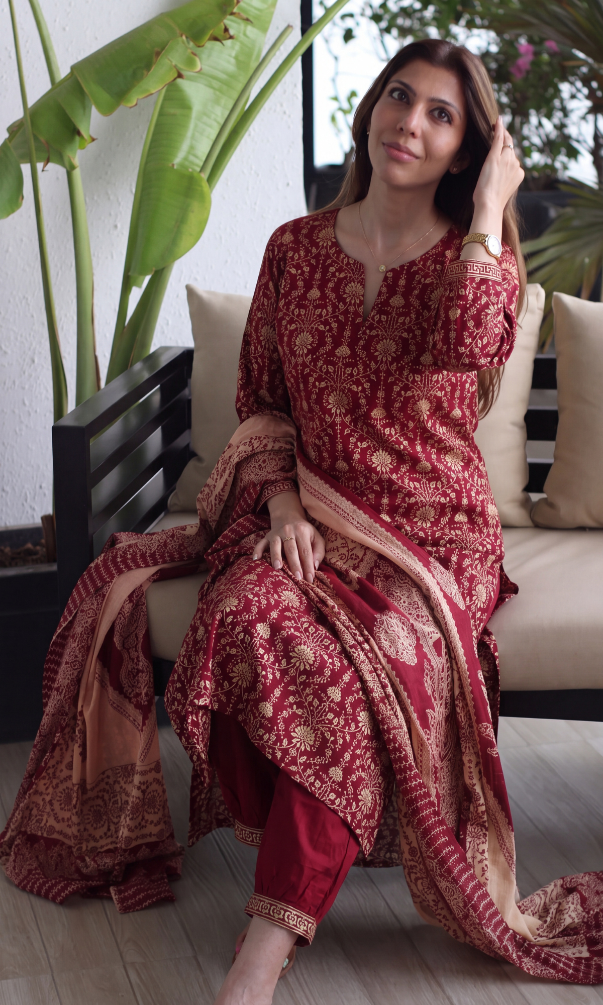 Deep Red Cotton Jal Print Kurta, Afghani pant & Cotton Printed Dupatta