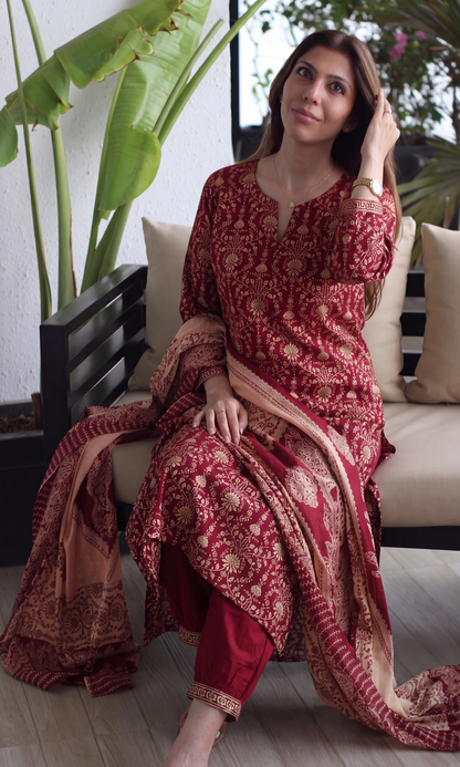Deep Red Cotton Jal Print Kurta, Afghani pant & Cotton Printed Dupatta