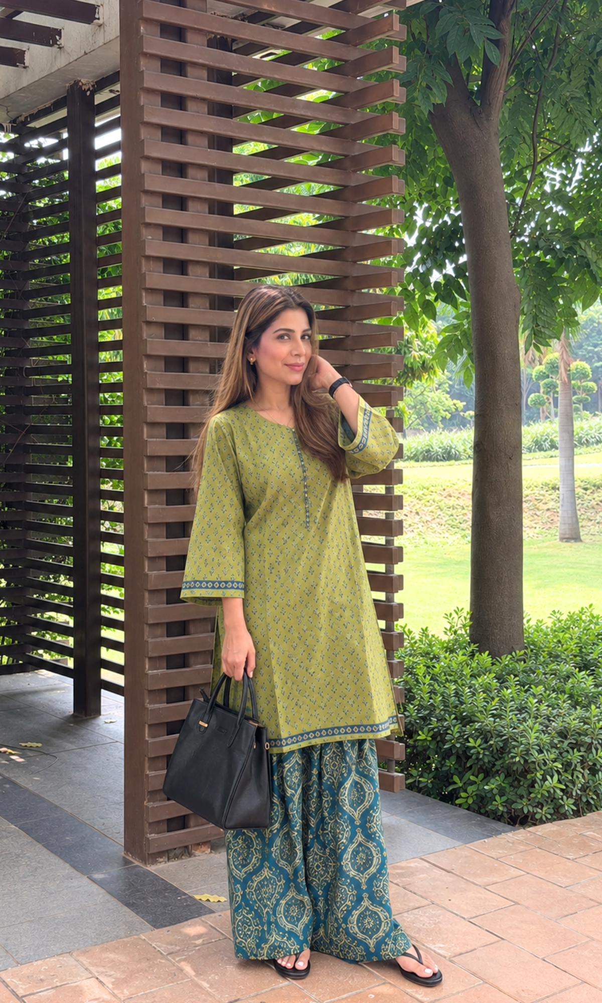 Olive & Blue booti Kurta with Kalamkari Farshi Salwaar