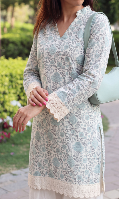 Soft Sage Sukoon Print Kurta with Lace Detailing & Farshi Salwaar
