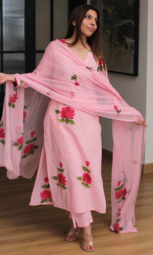 Pink Rose Handbrush Painted Cotton Kurta , Chiffon Hand Painted Dupatta & Cotton pants