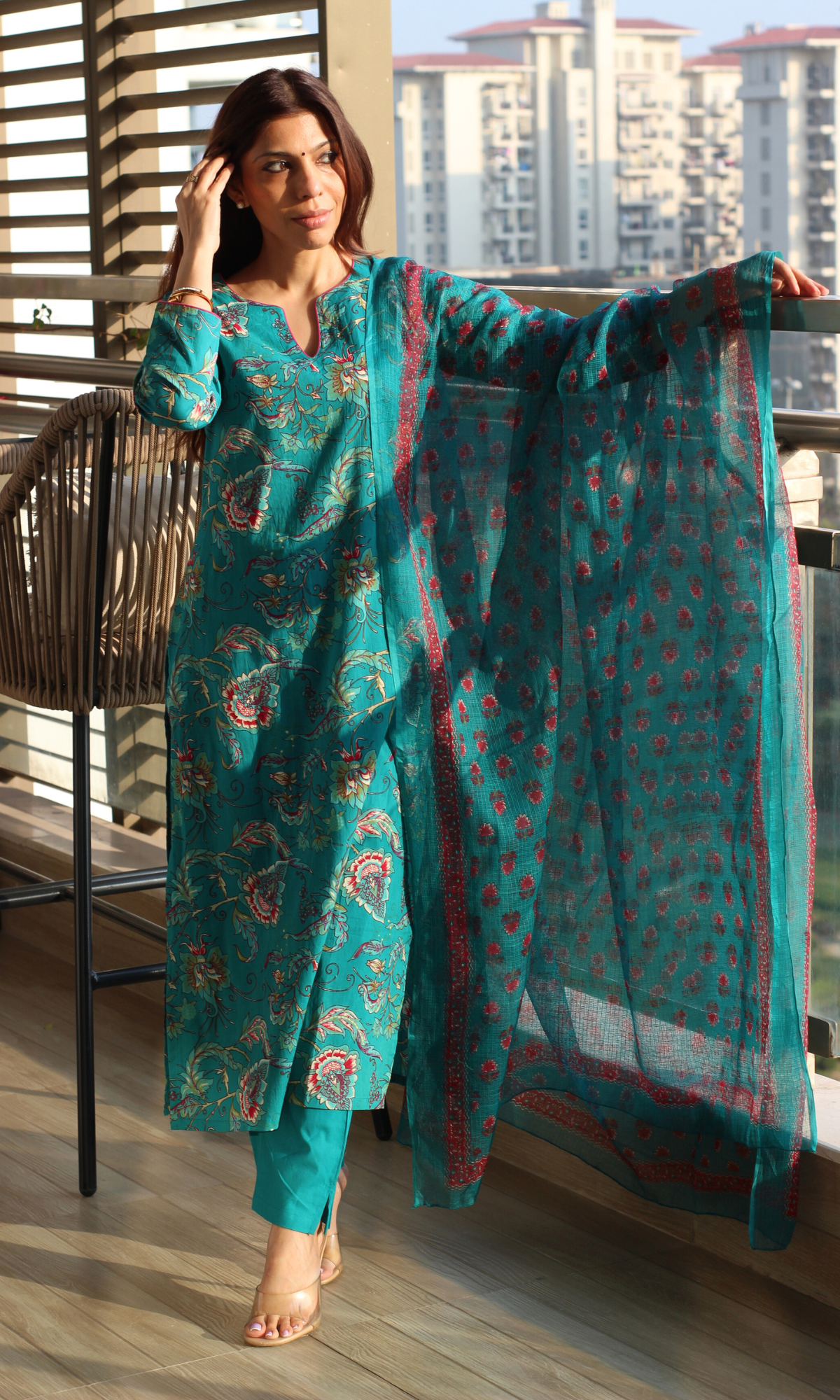 Teal & Pink Jaal Print Cotton Kurta ,Pant & Kota Doria Booti Dupatta