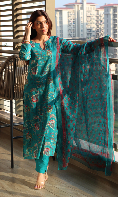 Teal & Pink Jaal Print Cotton Kurta ,Pant & Kota Doria Booti Dupatta