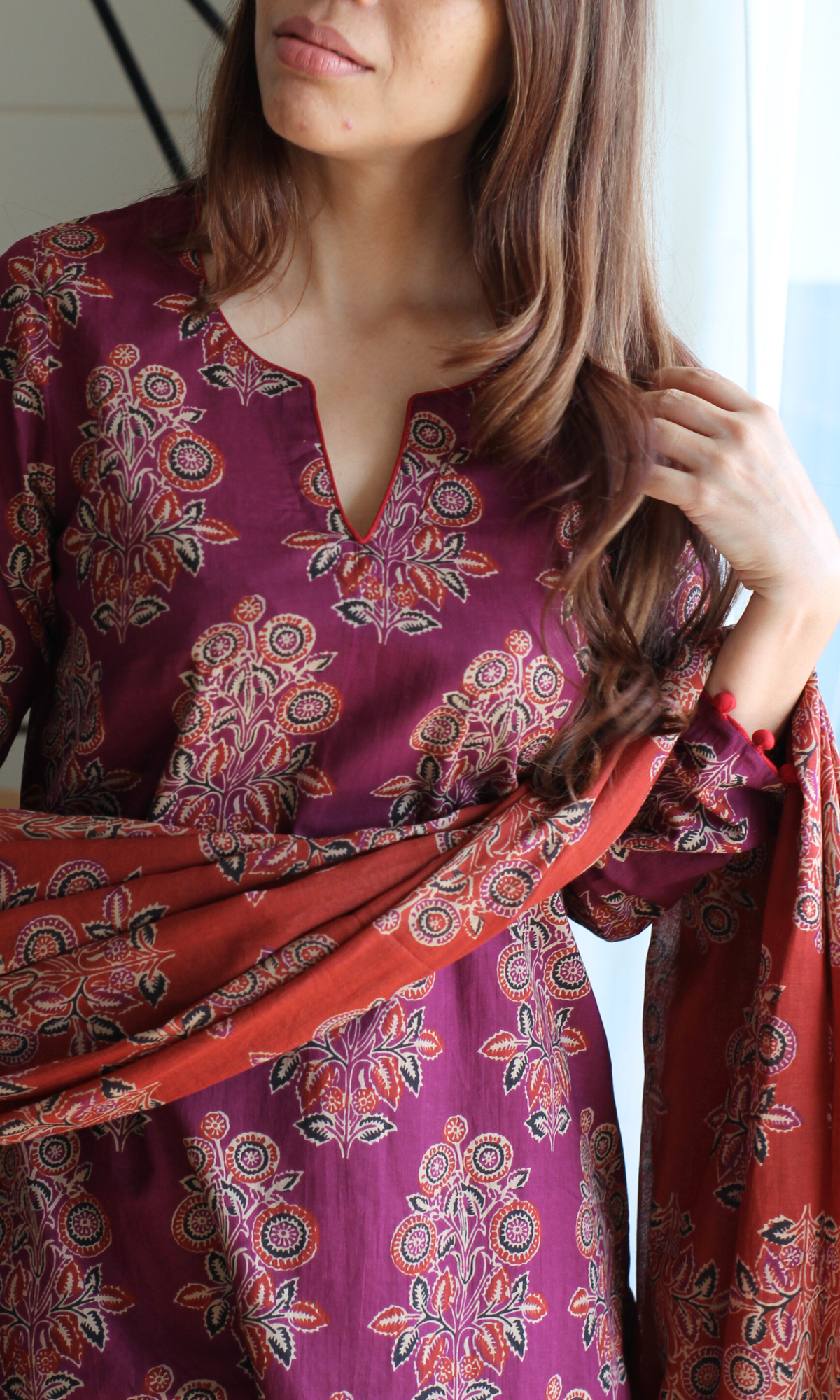 Cotton Burgandy & Rust Mughal Print Kurta, Dupatta with  Afgani Pants