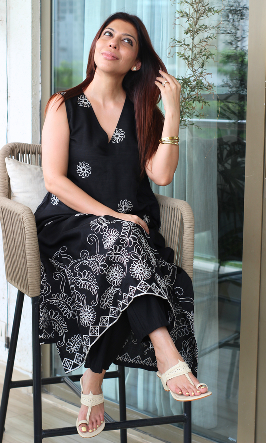 Midnight Fern Embroidered A line Kurta & Pant