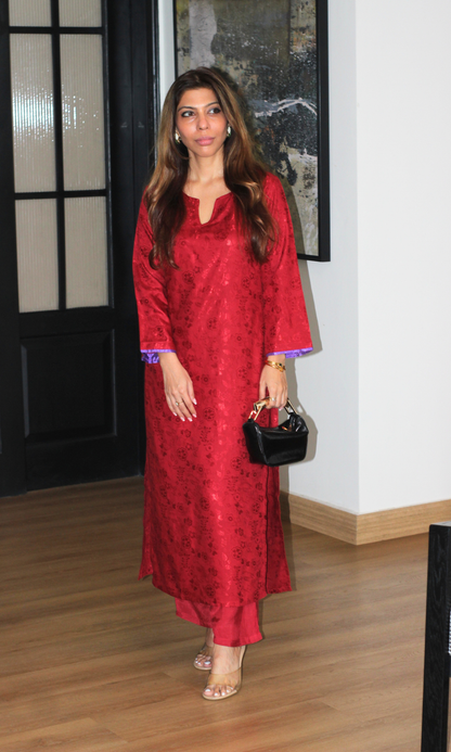 Red Jaquard Silk Kurta with Santoon Pants
