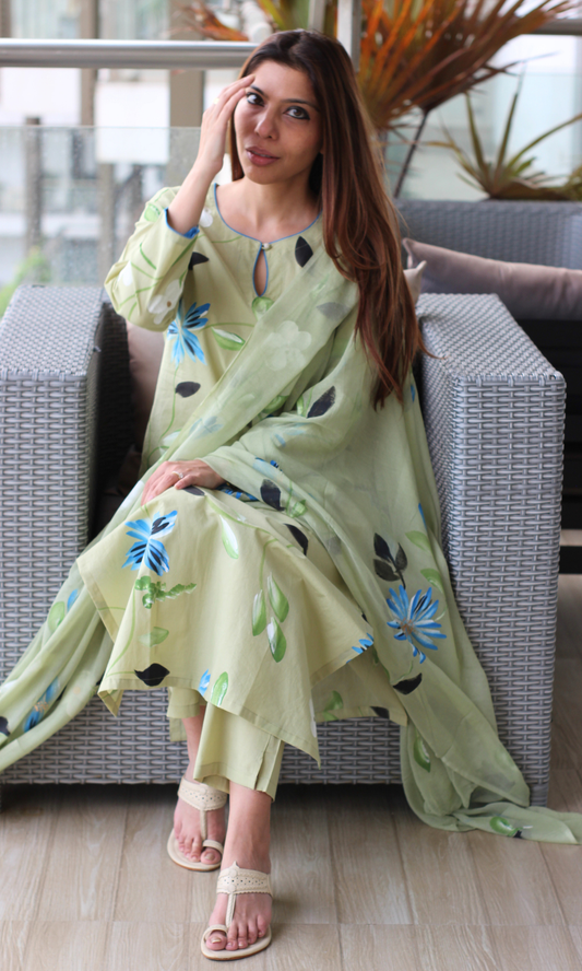 Soft Sage Hand Brush Painted Kurta, Chiffon Handpainted Dupatta & Cotton Pants