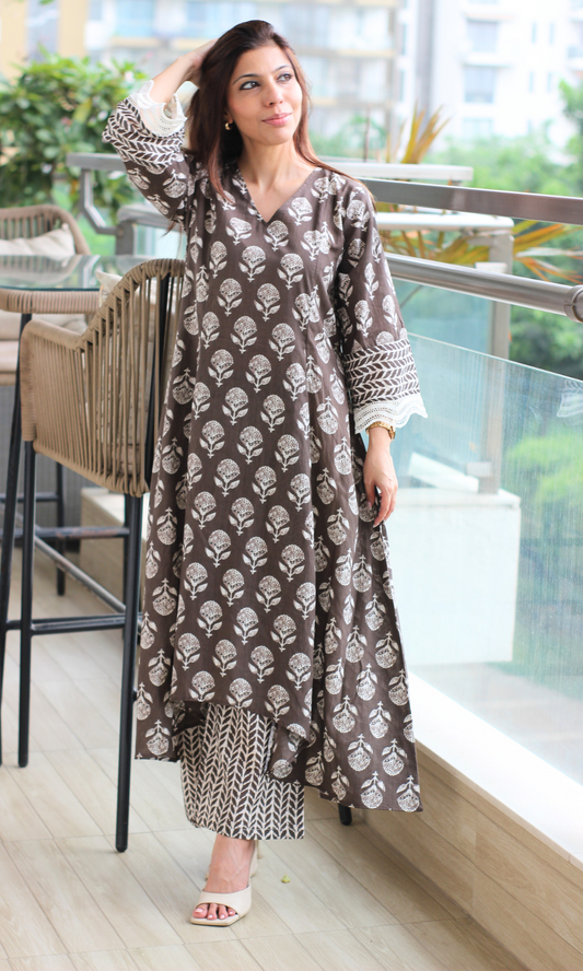Earthy Brown Dabu High Low Kurta with Palazzo