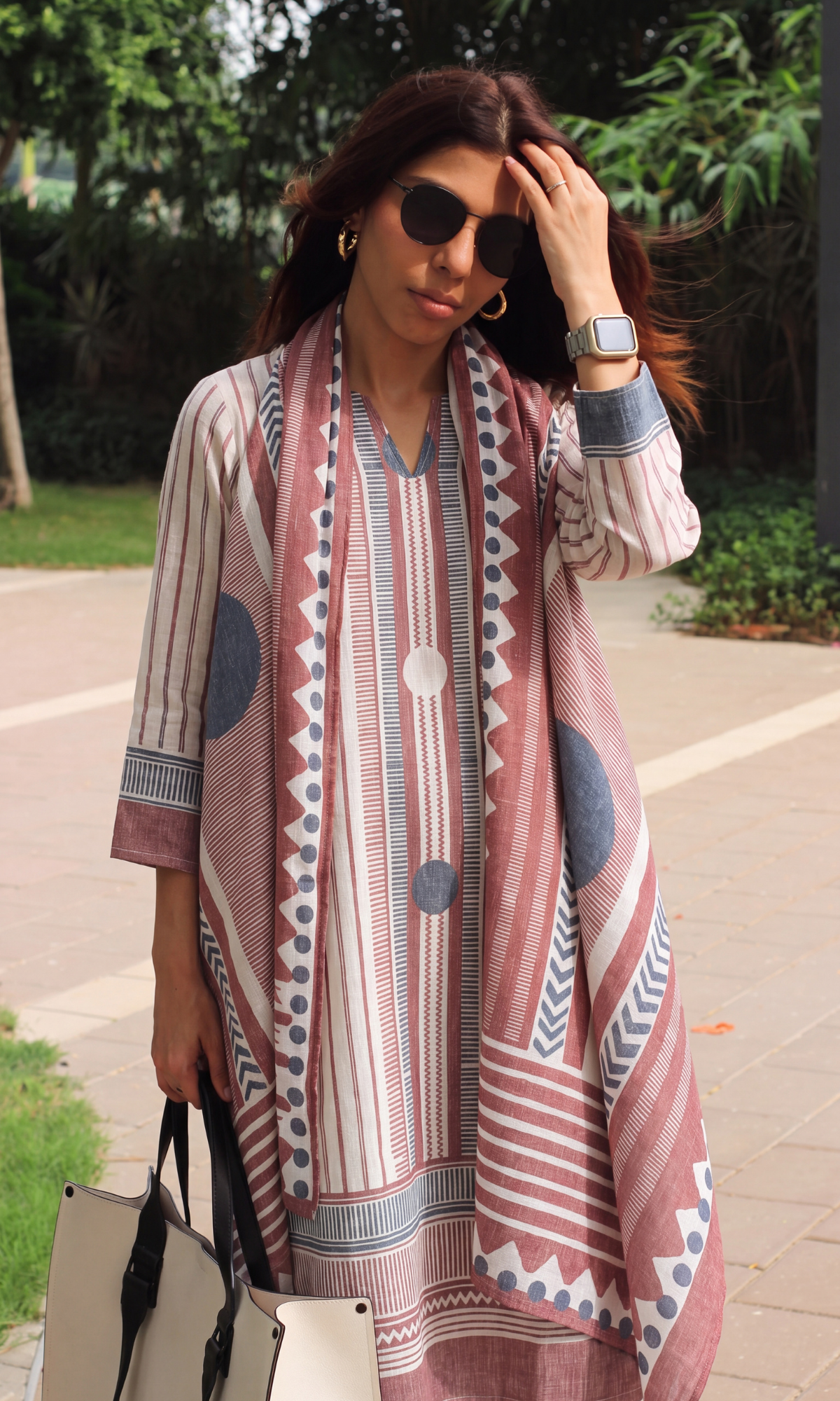 Linen Blend Beige & Red Striped Print Kurta ,Dupatta with Cotton Pants