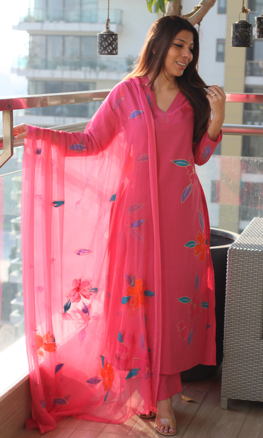 Cotton Berry Pink  Handbrush Painted Suit with Chiffon Handpainted Dupatta