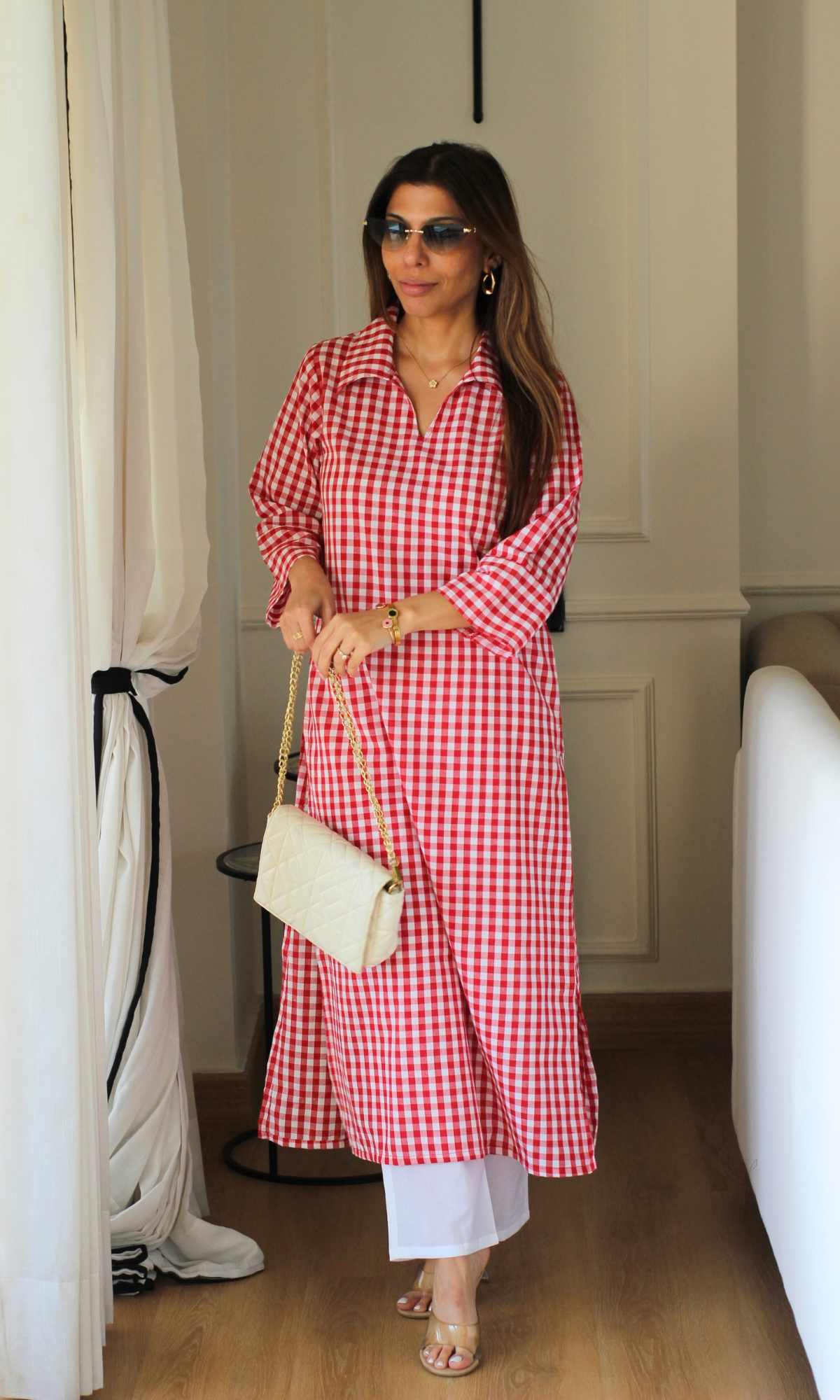 Red Checkered Collared Kurta with Cotton Pants