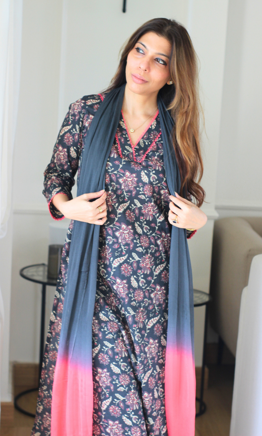 Shabnam Raat Block Print a kurta, Pant & Ombre Chiffon Dupatta