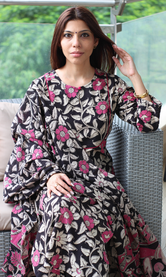 Black & Pink Handblock Kalamkari Print Cotton Kurta, Dupatta & Plain Pants