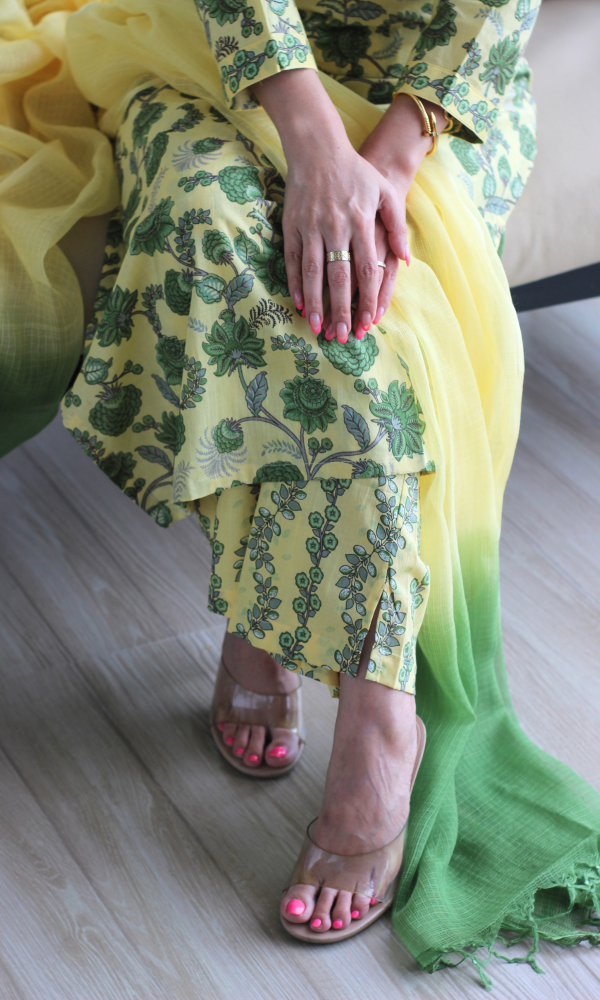 Lime & Green Block Printed Kurta, Pants and Kota Doria Ombre Dupatta