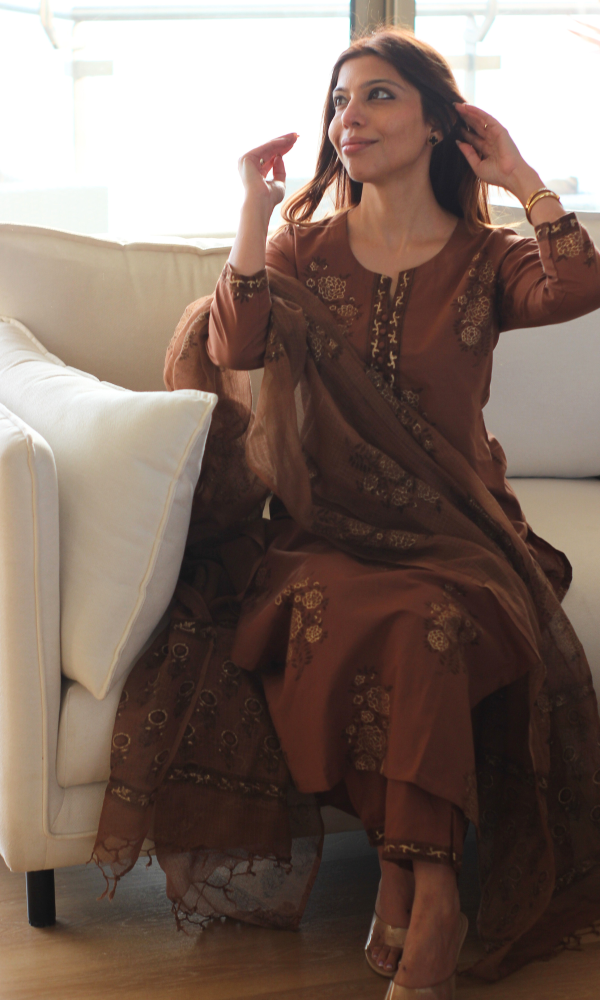 Cocoa Rangreza Gold Handblock Mughal Print Kurta, Cotton Pants & Kota Doria Dupatta