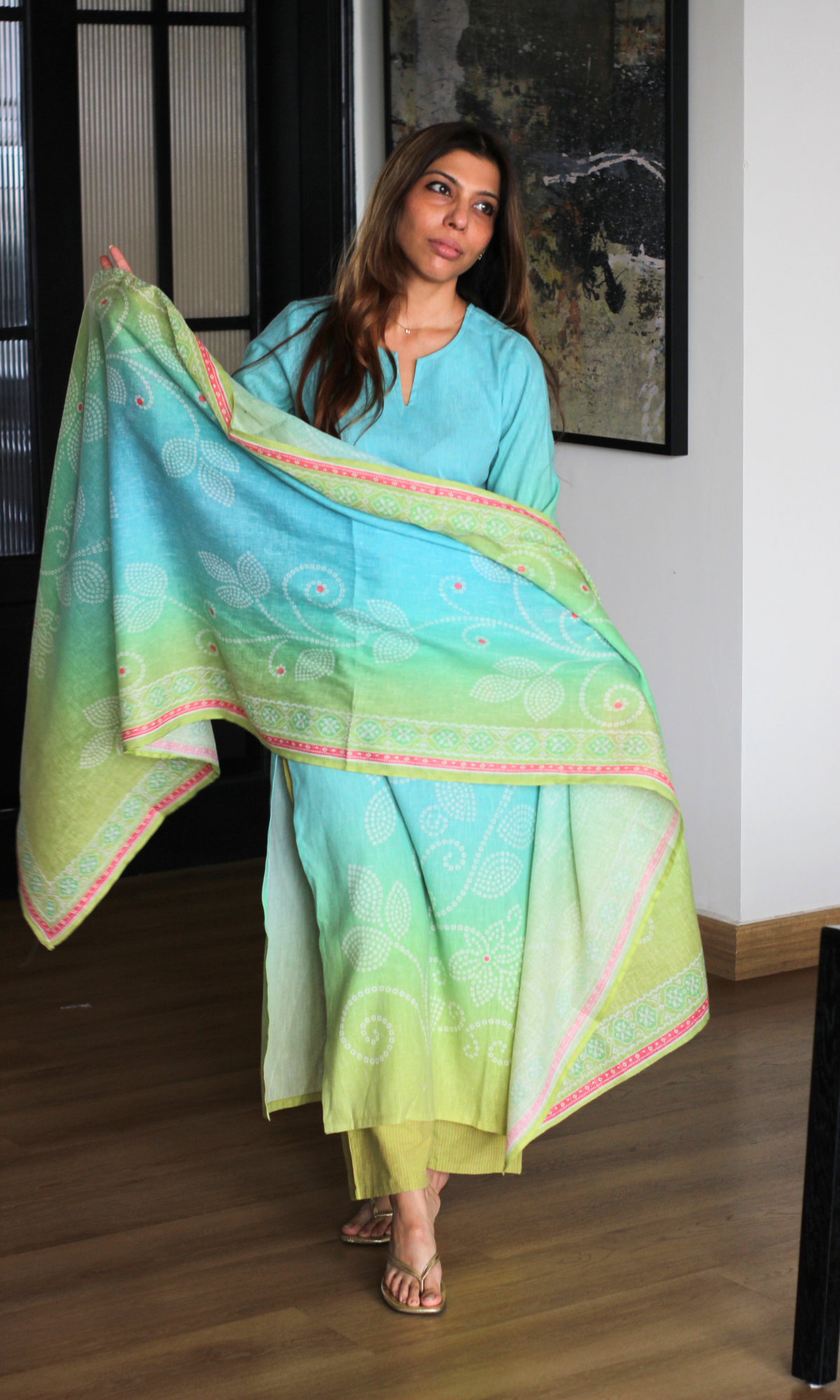 Mint Mirage Linen Blend Kurta , Dupatta & Cotton Pants