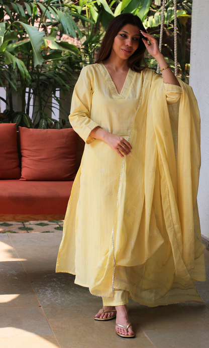 Cotton Lemon & Silver Laced Suit with Mul Printed Laced Dupatta