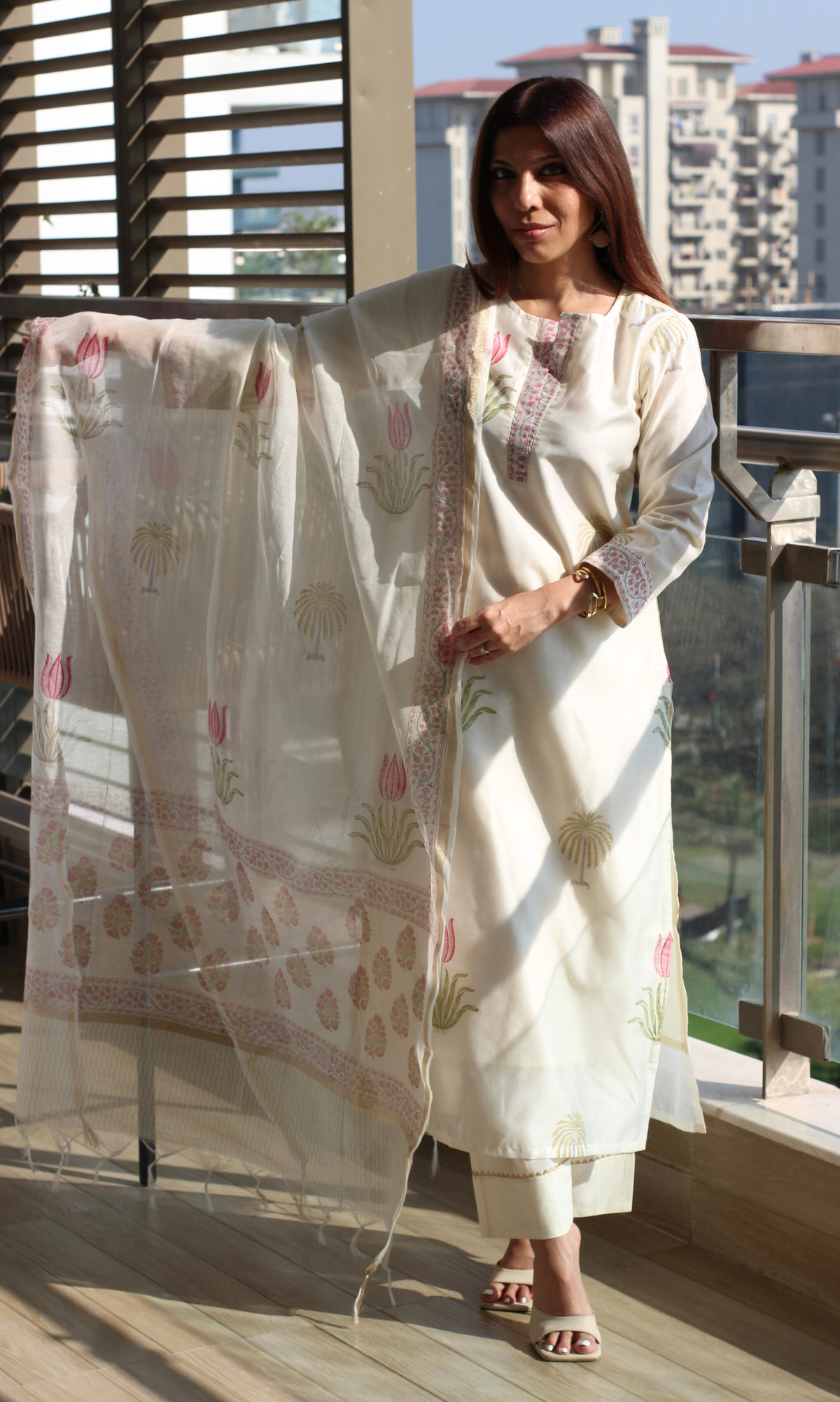 Seher Chanderi Silk Handblock Printed Kurta , Dupatta & Cotton Pants