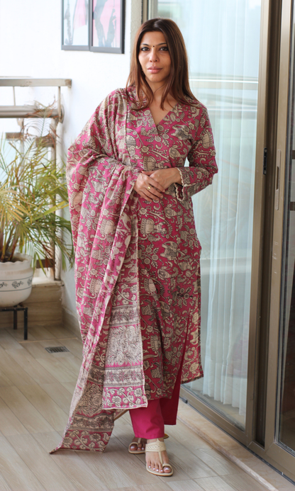Deep Pink Handblock Kalamkari Kurta, Cotton Handblock Dupatta & Pants