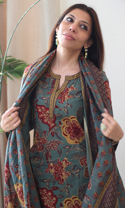 Cotton Dusty Green & Yellow Printed Kurta, Pant & Cotton Dupatta