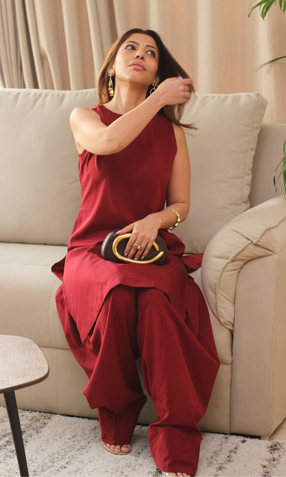Ruby Glossy Boat Neck Kurta with Farshi Salwaar