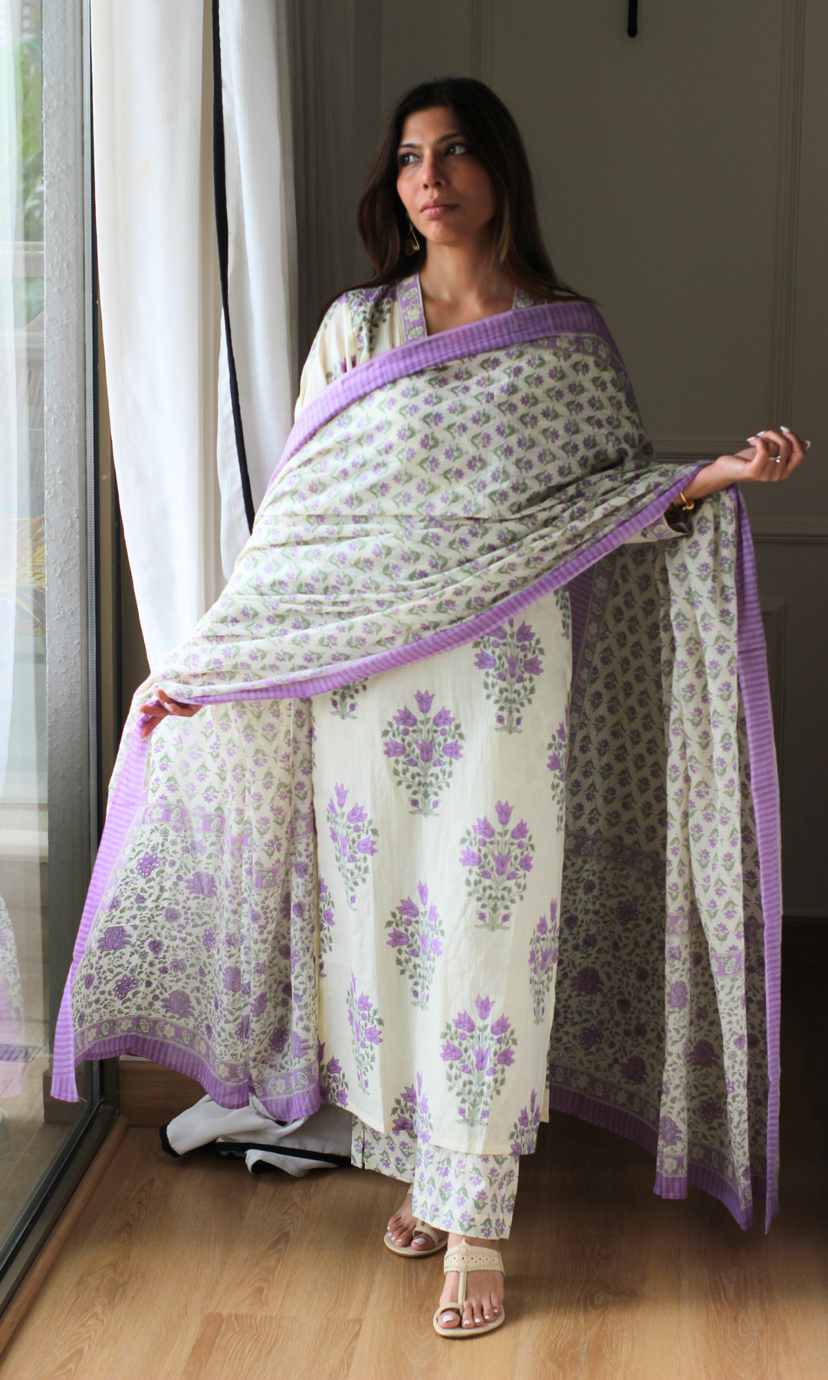 Sakhi Lavender Cotton Pleated Kurta, Printed Pants & Mul Dupatta