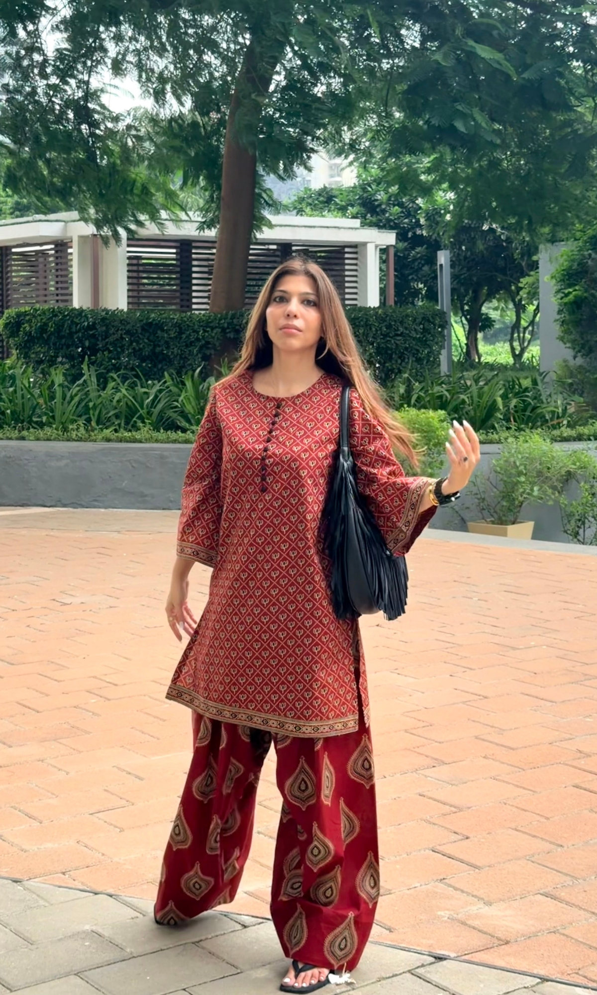 Red Ajrakh Booti Kurta with Farshi