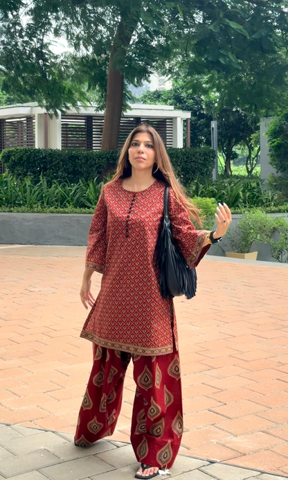 Red Ajrakh Booti Kurta with Farshi