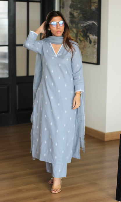 Dusty Steel Cotton Dobby Kurta, Pant and Kota Doria Dupatta