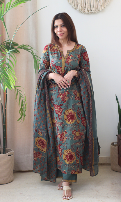 Cotton Dusty Green & Yellow Printed Kurta, Pant & Cotton Dupatta