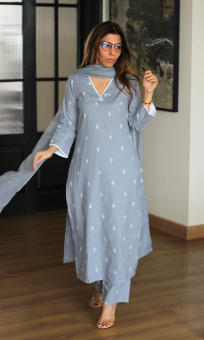 Dusty Steel Cotton Dobby Kurta, Pant and Kota Doria Dupatta