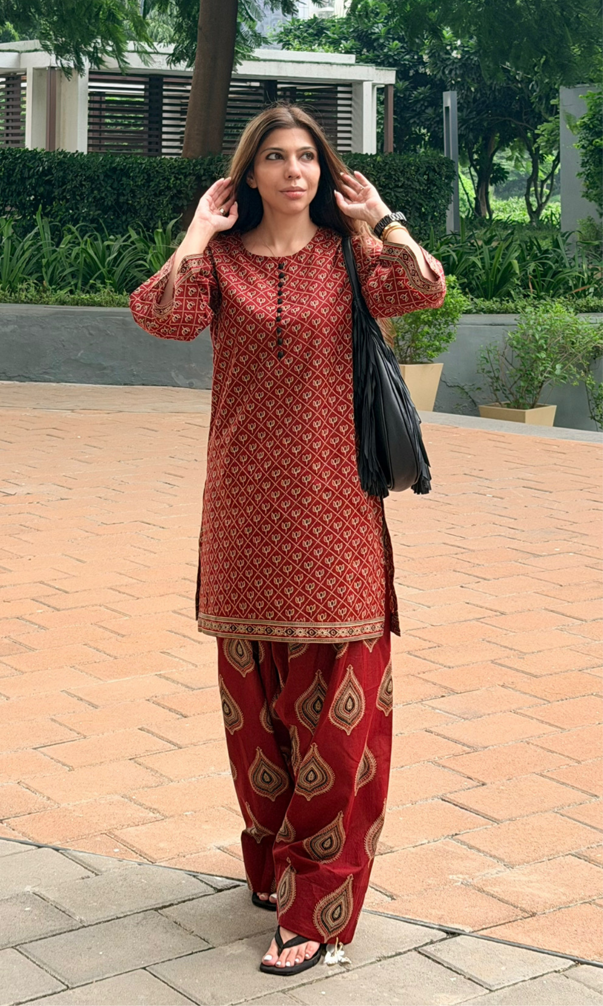 Red Ajrakh Booti Kurta with Farshi