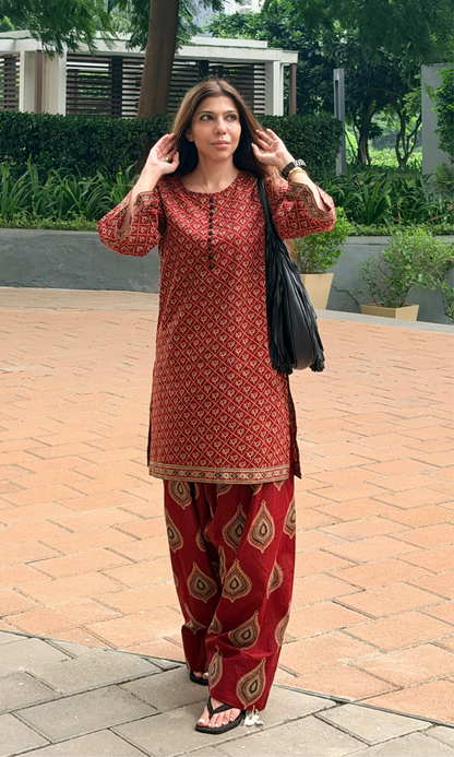 Red Ajrakh Booti Kurta with Farshi