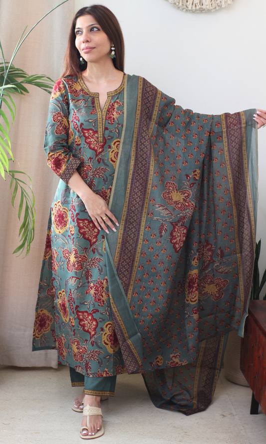 Cotton Dusty Green & Yellow Printed Kurta, Pant & Cotton Dupatta