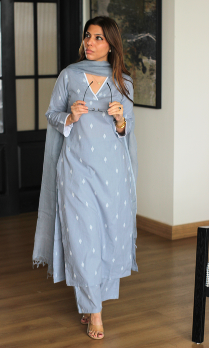Dusty Steel Cotton Dobby Kurta, Pant and Kota Doria Dupatta