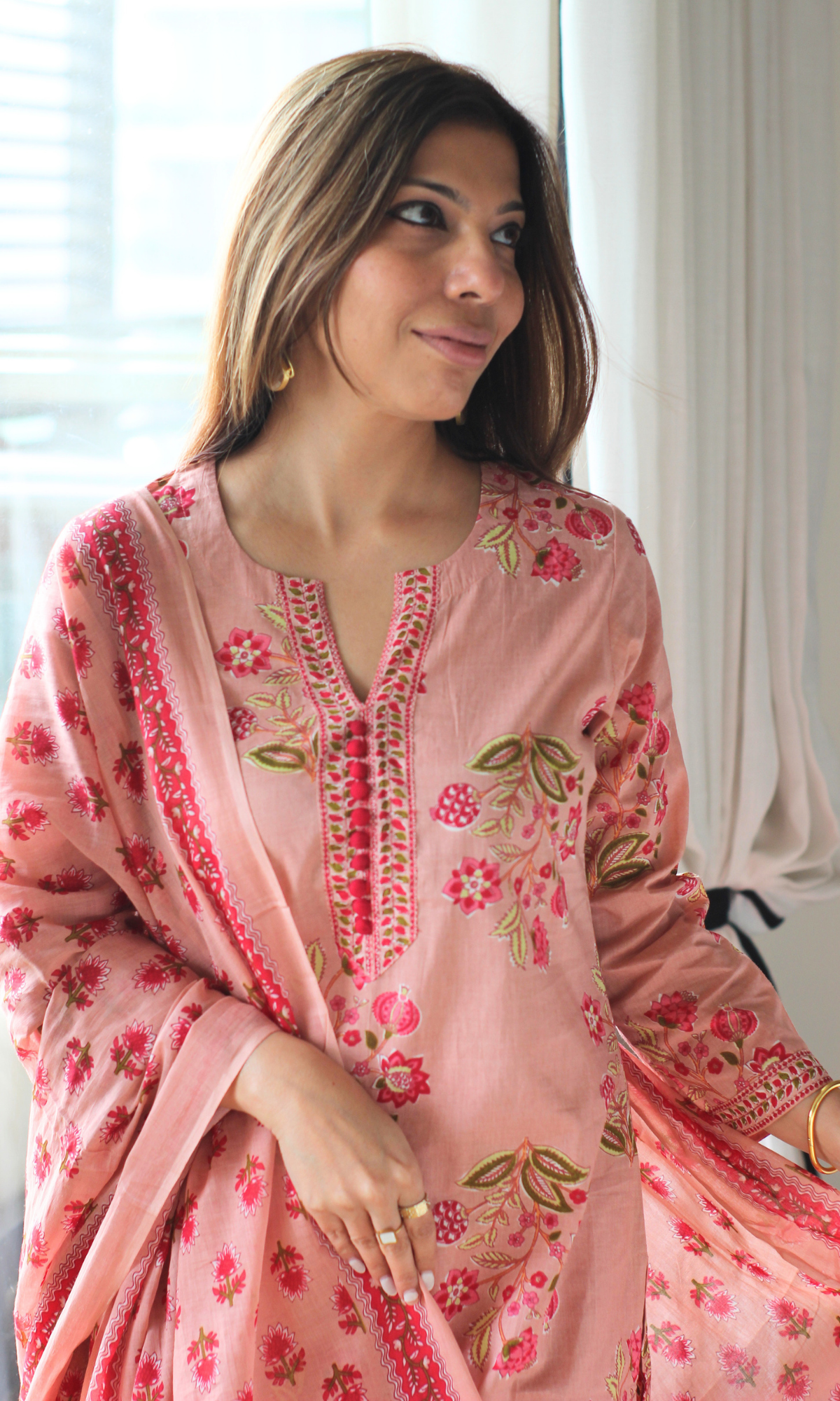 Blush & Red Mughal Print Kurta, Cotton Pants & Cotton Printed Dupatta