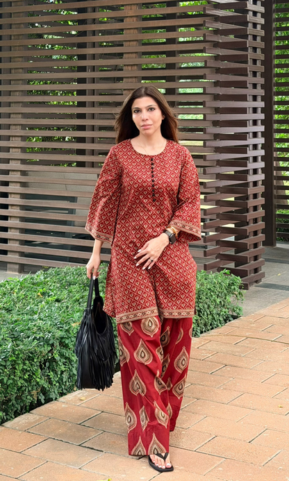 Red Ajrakh Booti Kurta with Farshi