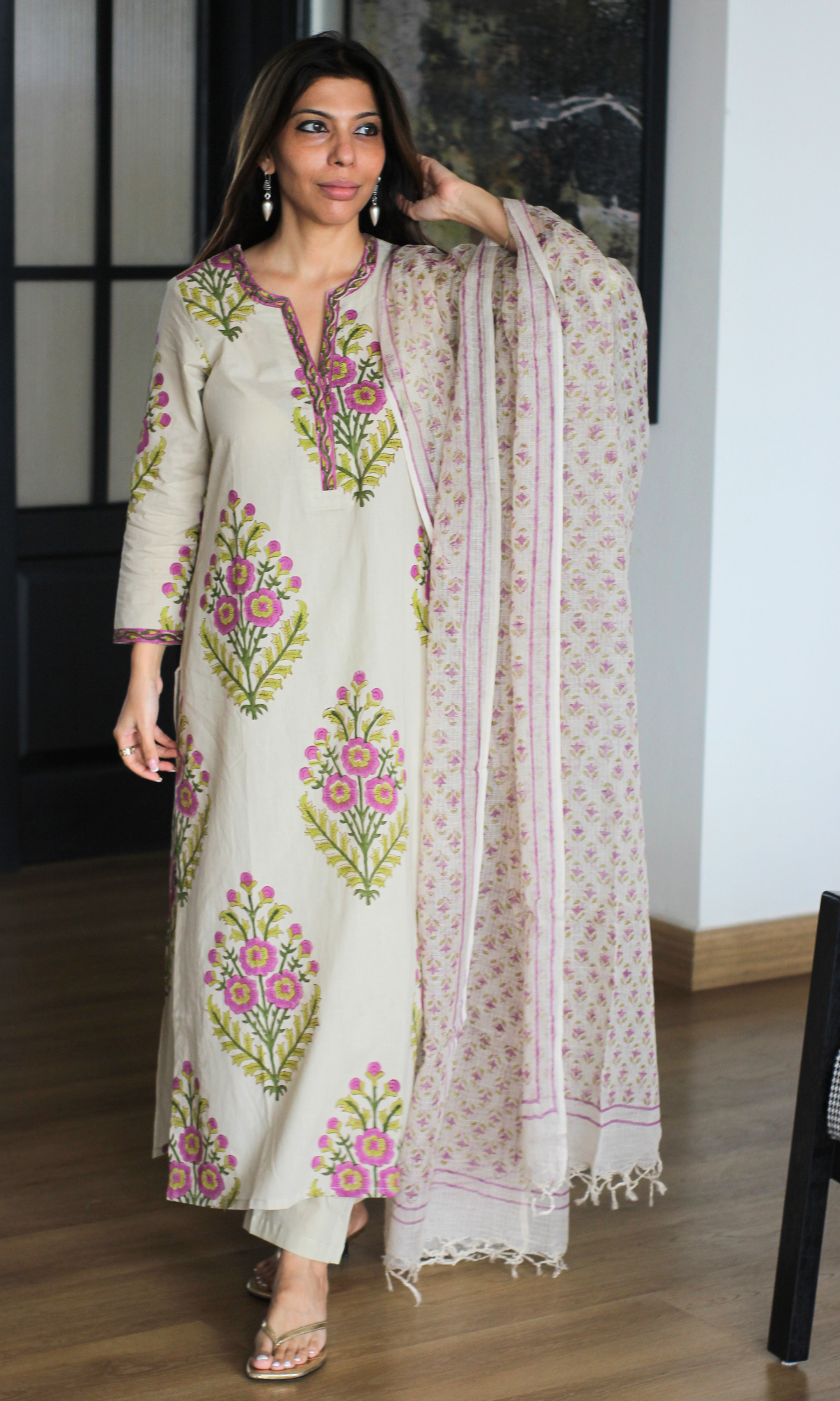 Saira Kahani Mughal Lavender Cotton Kurta, Pant & Kota Doria Handblock Print Dupatta