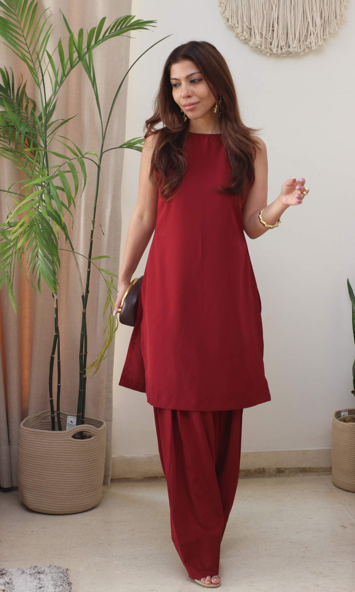Ruby Glossy Boat Neck Kurta with Farshi Salwaar