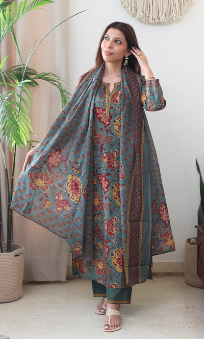 Cotton Dusty Green & Yellow Printed Kurta, Pant & Cotton Dupatta